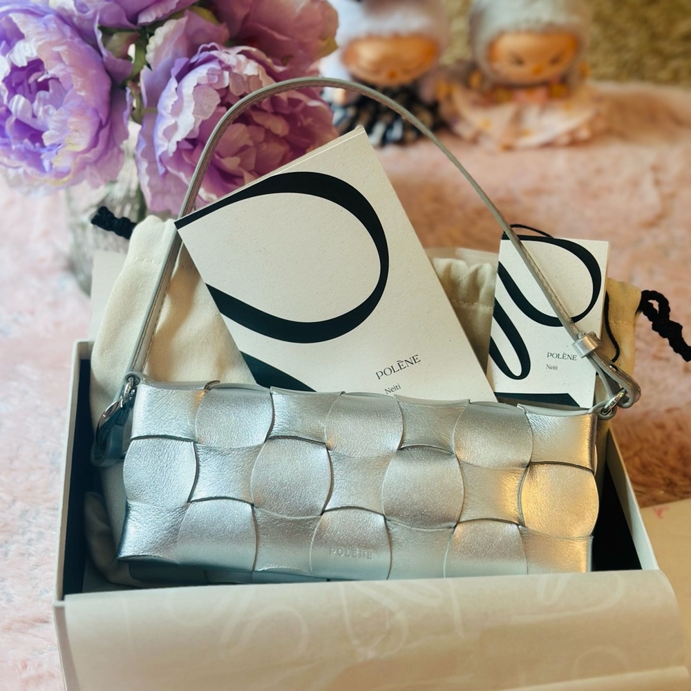 Polene Neiti Silver Metallic Clutch Elegant Woven Design